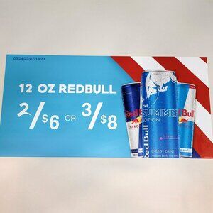 Redbull 12 oz Reg Sugarfree Summer Edition Graphic Med/L Pump Topper Promo Sign